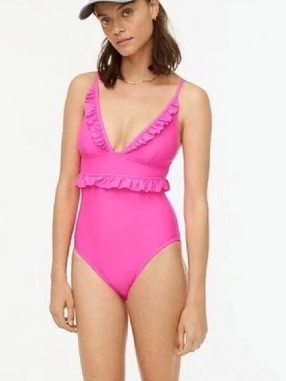 J. Crew NEW Ruffle Plunge One Piece Swimsuit Neon Flamingo Pink SZ 16 Resortwear